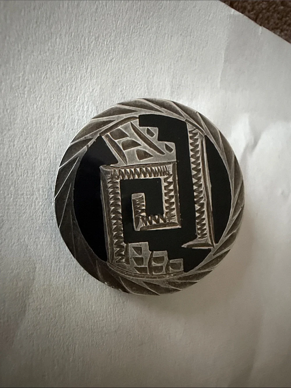 Vintage .925 Sterling Silver Mexico Black Inlay Round pin